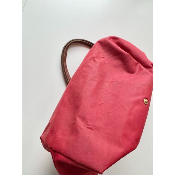 *Worn* LONGCHAMP Le Pliage Original M Red Nylon Canvas Leather Trim Tote Bag - Picture 3 of 16